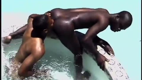 Horny gay studs get horny by the pool and fuck hard