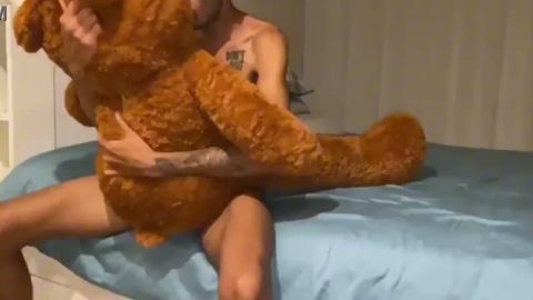 Skinny, big-cocked twink playing with his teddy bear